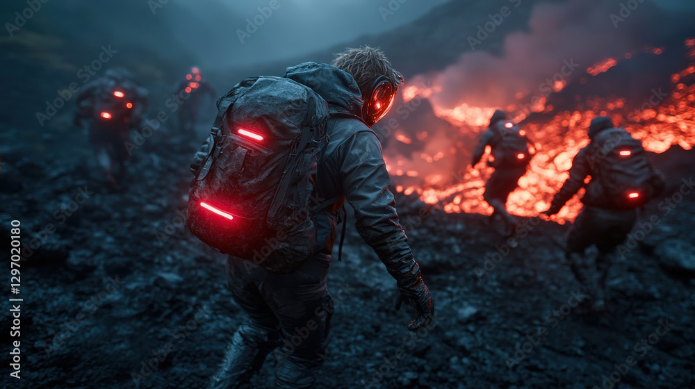 The image captures explorers traversing a rugged lava field under dramatic lighting, highlighting their courage and determination amidst an otherworldly volcanic landscape. The image captures explorers traversing a rugged lava field under dramatic lighting, highlighting their courage and determination amidst an otherworldly volcanic landscape.