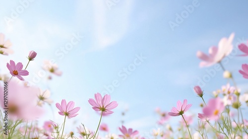 A field of pink flowers with a blue sky in the background. The flowers are scattered throughout the field, with some closer to the foreground and others further back