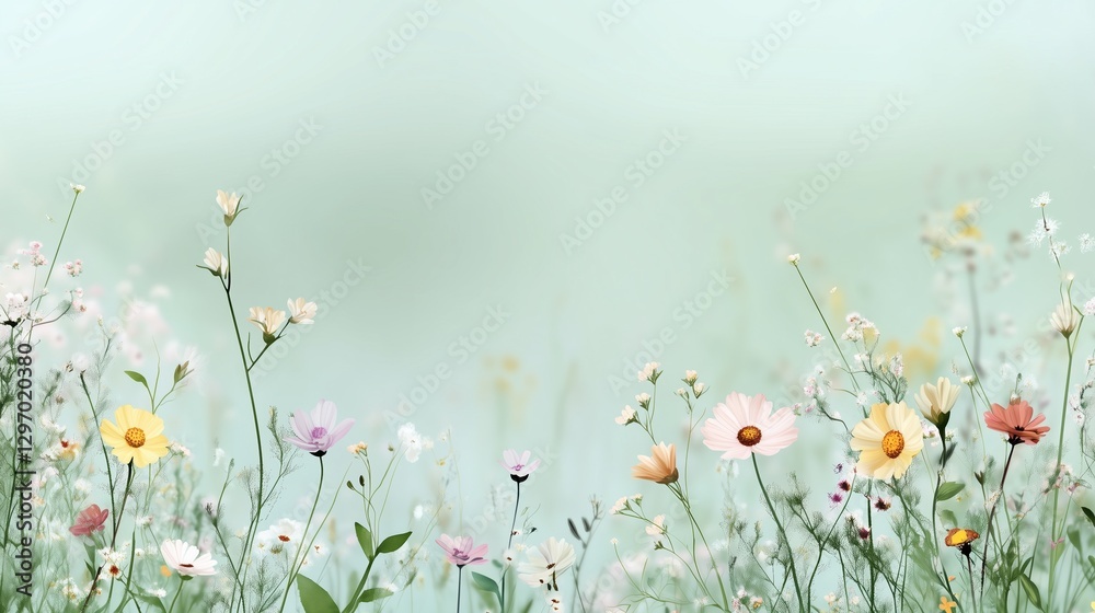 Fototapeta premium A field of flowers with a blue sky in the background. The flowers are of various colors and sizes, and they are scattered throughout the field