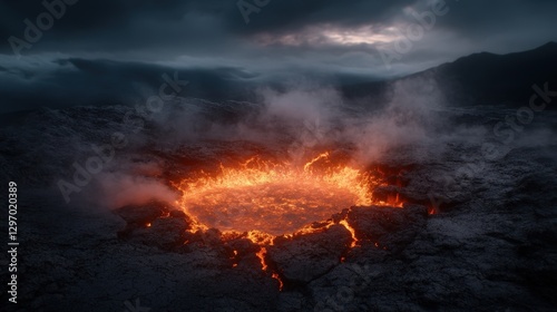 This image shows the heart of a volcano, where molten lava bubbles energetically amidst clouds of steam, symbolizing nature’s beauty and raw, uncontained power at its core. photo