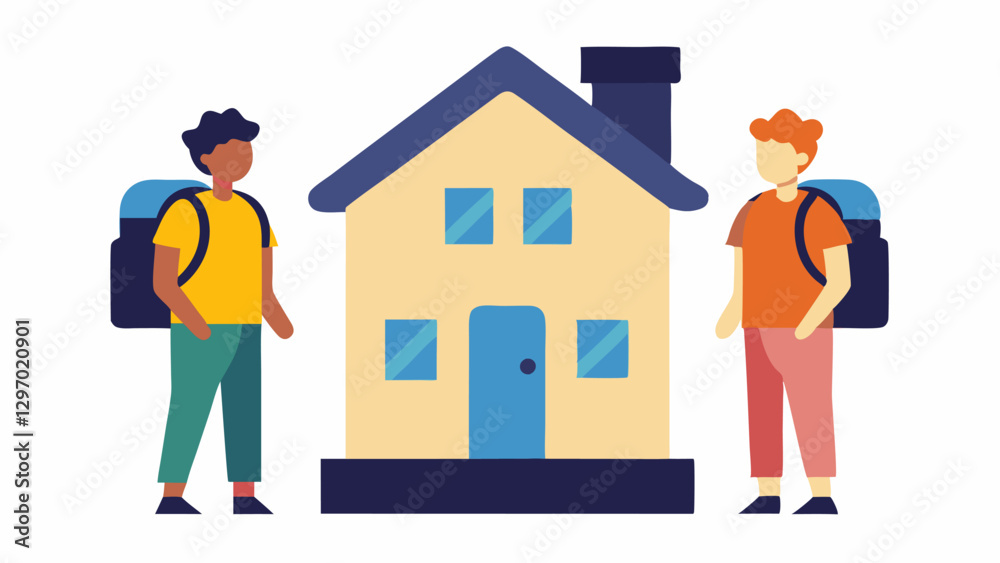 Shared Accommodation Two digital nomads with backpacks happily discussing their shared living arrangement standing in front of a cozy rental home with a For Rent sign in the Shared Accommodation Two digital nomads with backpacks happily discussing their shared living arrangement standing in front of a cozy rental home with a For Rent sign in the