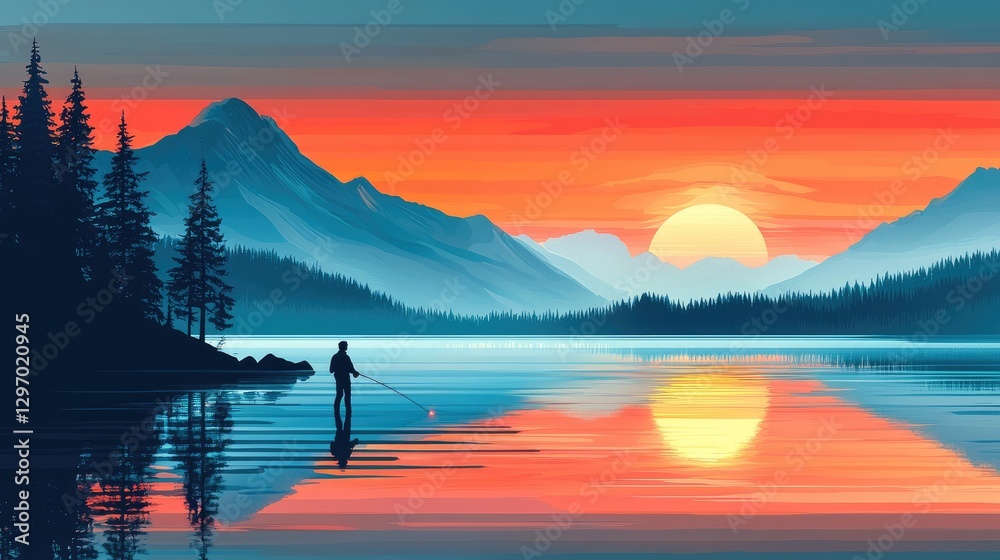 Fototapeta premium Serene Sunrise Reflection Over Calm Lake with Fisherman Silhouette
