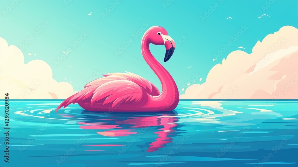 Fototapeta premium Vibrant Pink Flamingo Floating on Tranquil Blue Water Surface