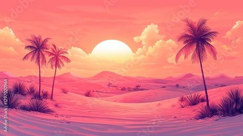 Serene Sunset Over Desert Landscape with Palm Trees and Clouds