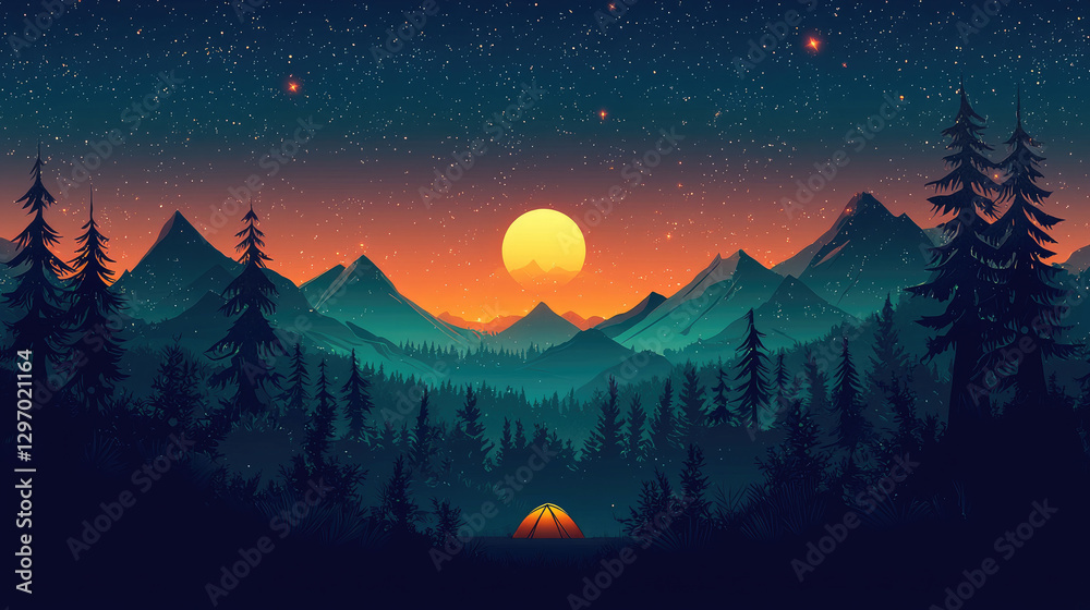 Obraz premium Serene Sunset Over Mountains and Forest with Tent Camping Scene
