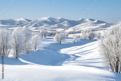 Snowy Mountain Valley, Frosted Trees, Winter Scenery, Landscape