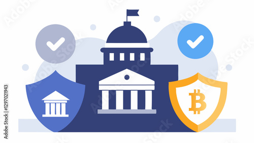Shield and Coins A silhouette of a government building stands behind a shield with various cryptocurrency coins like Bitcoin and Ethereum surrounding it symbolizing protection