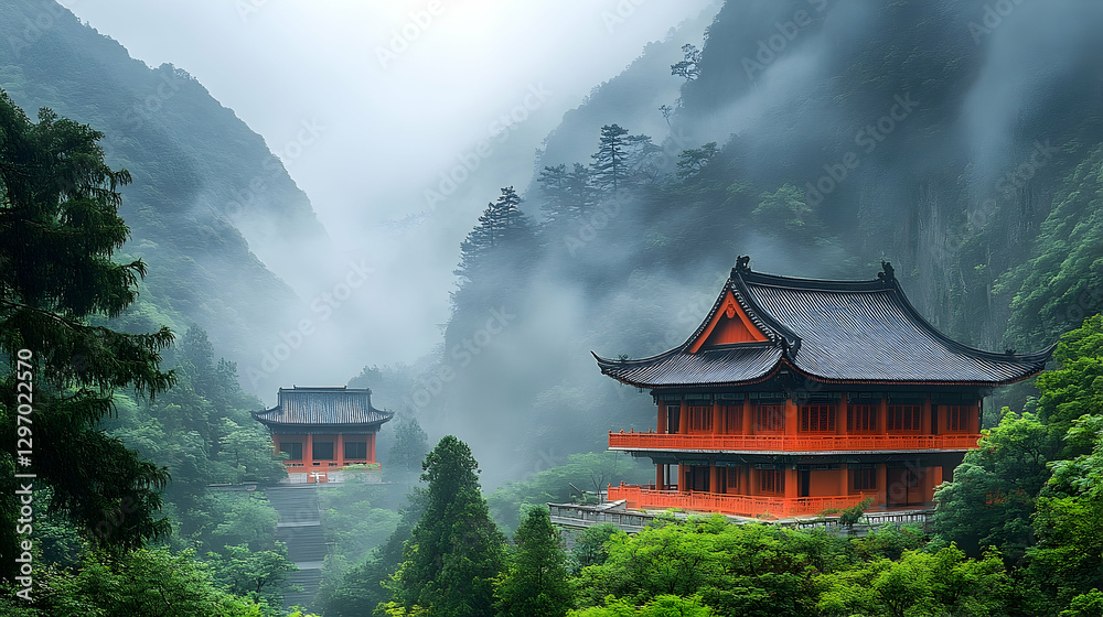 Obraz premium Serene misty landscape featuring traditional Asian architecture nestled in lush green mountains