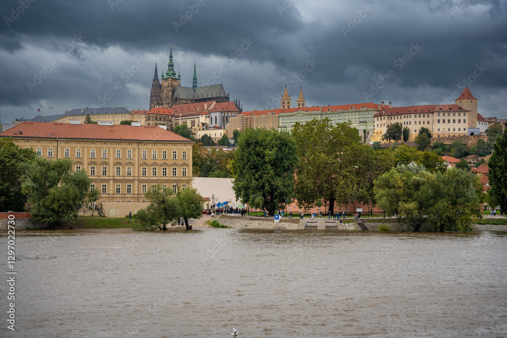 Flood in Prague. View of Prague Castle across the flooding river Vltava, Prague Flood in Prague. View of Prague Castle across the flooding river Vltava, Prague