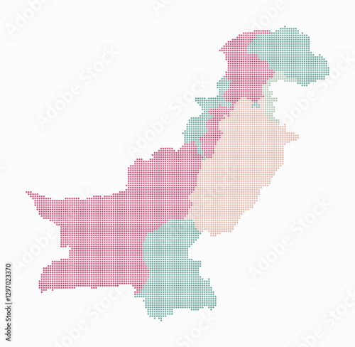 Pakistan dotted map. Digital style map of the country on white background. Pakistan shape with square dots. Colored dots style. Small size squares. Simple vector illustration.