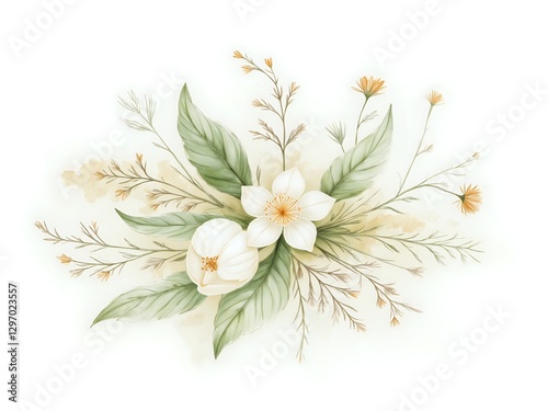 Delicate white blooms and lush greenery in soft pastel hues