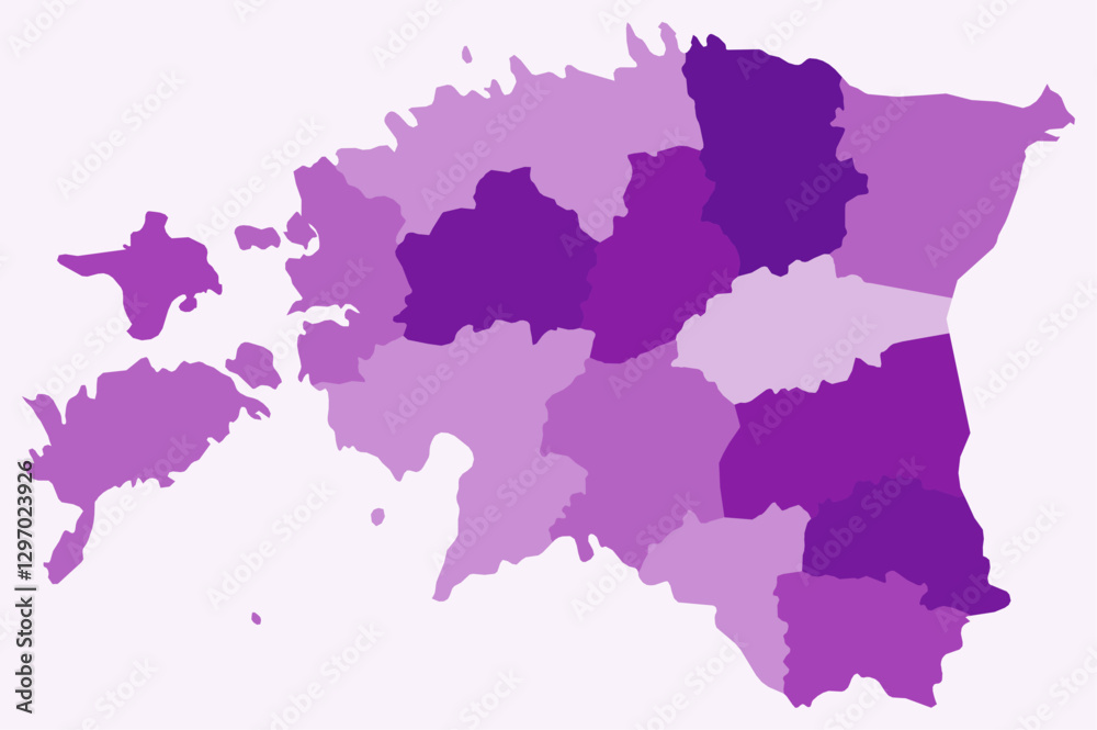 Fototapeta premium Map of Estonia with regions. Just a simple country border map with region division. Purple color palette. Flat Republic of Estonia shape with administrative division. Vector illustration.