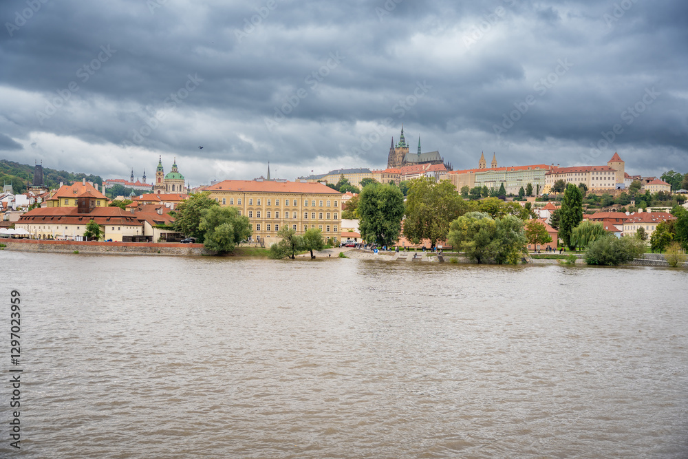 Fototapeta premium Flood in Prague. View of Prague Castle across the flooding river Vltava, Prague