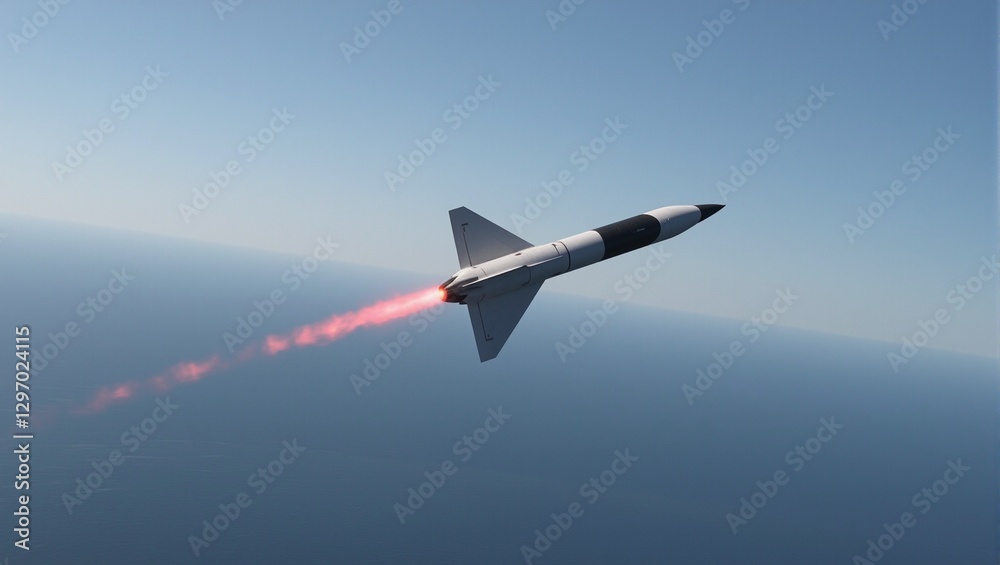 Fototapeta premium Vivid hypersonic missile piercing the sky at incredible speed with a fiery red glow contrasting against the serene ocean backdrop