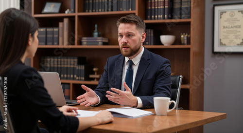 Lawyer consulting client in office, business negotiation and legal advice