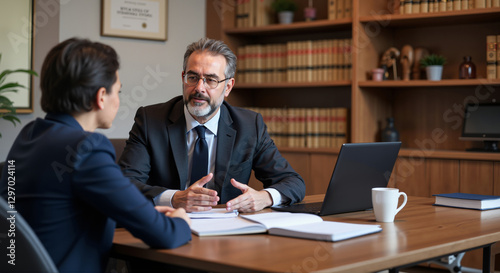 Elderly lawyer consulting client in office, business negotiation and legal advice