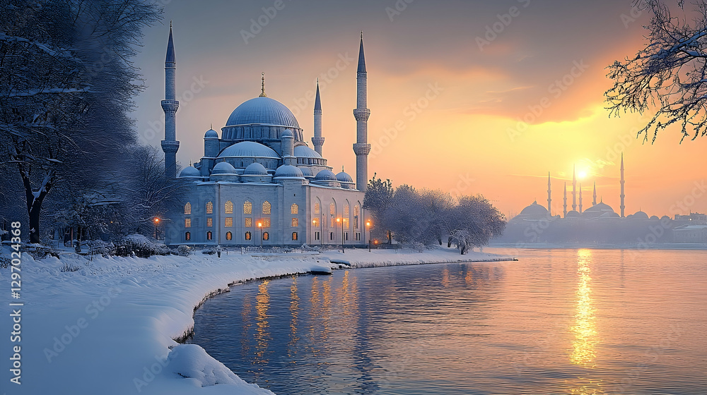 Fototapeta premium Serene winter sunset over a majestic mosque by the river, with snow-covered trees and distant minarets