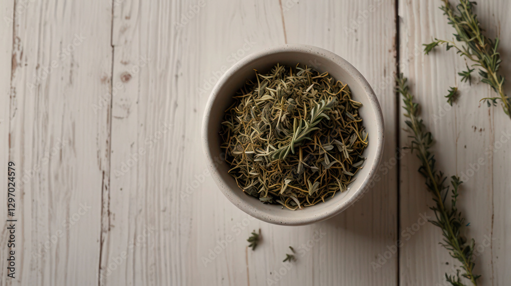 Fototapeta premium Bowl with dried thyme on white wooden table, top view. Space for text