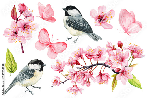 Beautiful spring set with tit birds, pink butterflies and cherry flowers, sakura watercolor isolated white background