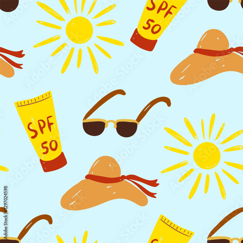 Bright summer pattern featuring sun hats, sunglasses, and sunscreen vector illustration