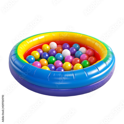 Colorful inflatable ball pit filled with multicolored plastic balls isolated on white background, fun play area for kids, parties, and entertainment centers

