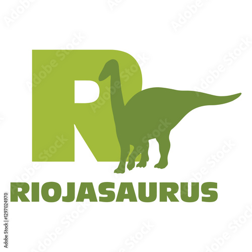 "Riojasaurus Logo: A vibrant green logo showcases the name "Riojasaurus" paired with a silhouette of the dinosaur. The logo's simple yet striking design aims to grab attention.