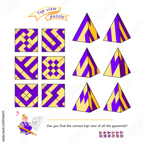 Puzzle for smartest. Can you find the correct top view of all the pyramids? Logic game for children and adults. 3D maze. Brain teaser book. Developing spatial thinking. IQ test. Flat vector image.