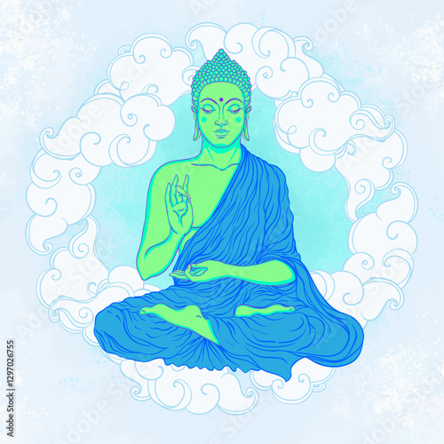 Acid Lord Buddha, ornate mandala round pattern mushroom illustration. Esoteric vintage vector illustration. Indian, Buddhism, spiritual art. Hippie tattoo, spirituality, rave party poster.