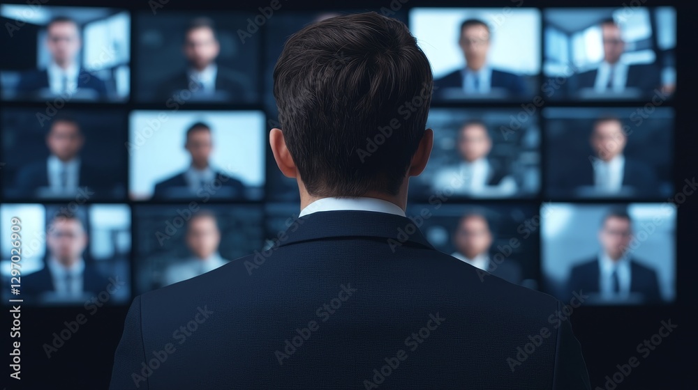 A man in a suit observes multiple screens displaying facial images, suggesting a theme of surveillance or monitoring in a corporate environment. A man in a suit observes multiple screens displaying facial images, suggesting a theme of surveillance or monitoring in a corporate environment.