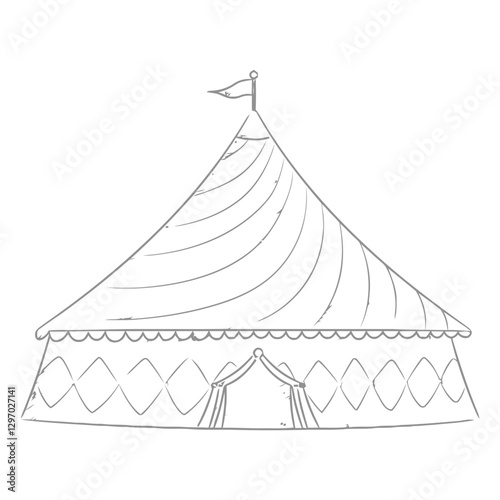 Vintage Circus Tent Illustration: Detailed sketch of a classic circus tent with a striped roof, diamond pattern and an elegant entrance, evoking a sense of wonder and nostalgia.