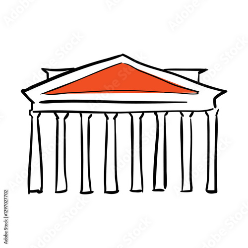 Architectural Marvel: Illustrative representation of a classical building, featuring a symmetrical design and a vibrant orange roof.