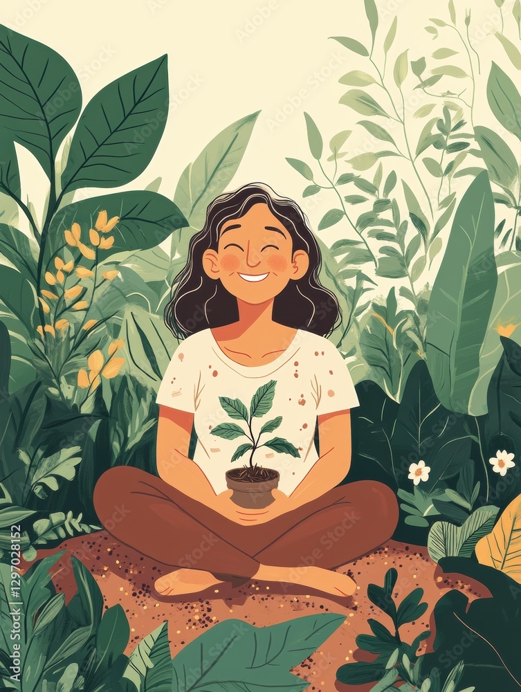Cultivating joy through gardening as a girl smiles while holding a potted plant in a lush green setting Cultivating joy through gardening as a girl smiles while holding a potted plant in a lush green setting
