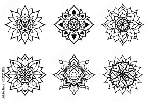 creative Mandala design black outline set, mandala bundle on white background.