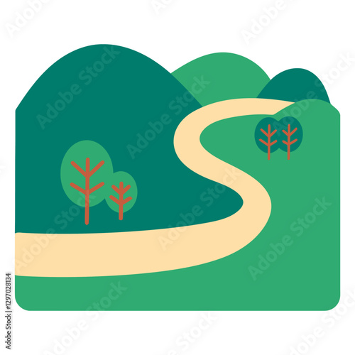 Winding Path to Serenity: An inviting path meanders through rolling green hills, offering a scenic journey through a vibrant, stylized landscape, dotted with lush trees and hinting at tranquility.
