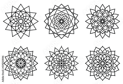 modern Mandala design black outline set, mandala bundle on white background.