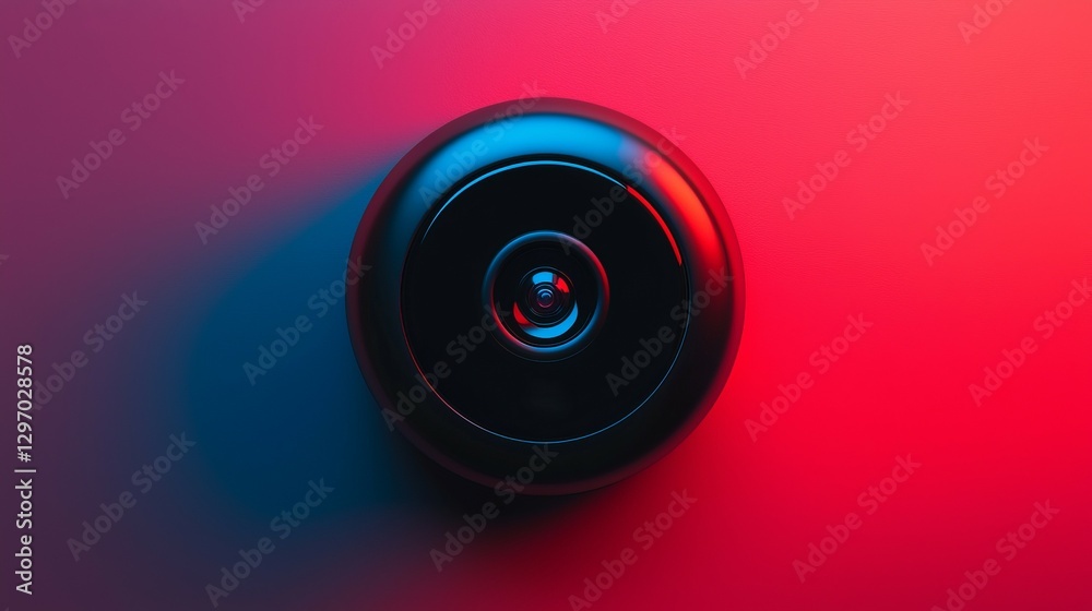 custom made wallpaper toronto digitalA close-up of a black camera lens against a vibrant red-blue gradient background, showcasing modern design and technology.