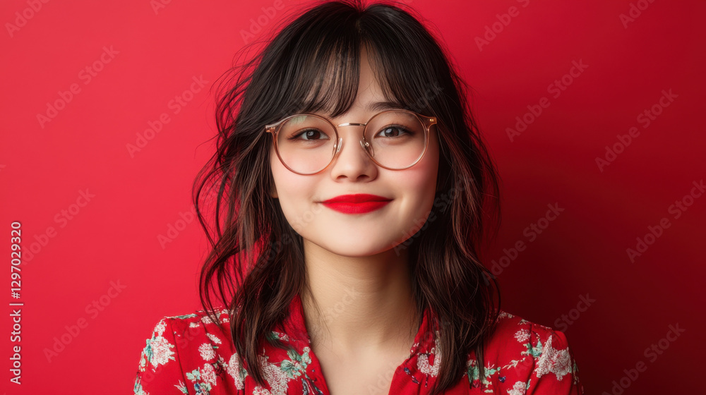 Fototapeta premium young woman with glasses smiles against red background, showcasing her vibrant personality and style. Her floral outfit and bright lipstick add to cheerful atmosphere