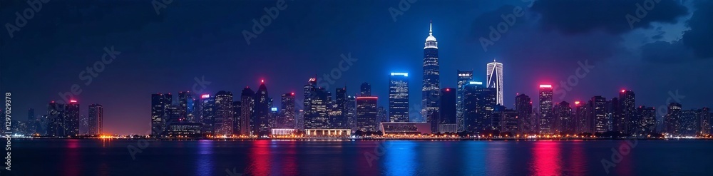 Fototapeta premium Colorful illuminated skyscrapers against dark sky, architecture, buildings, illuminated