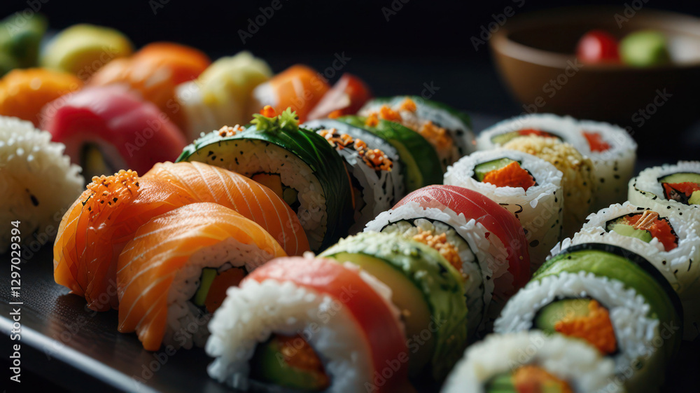 Close Up Of Colorful Sushi Rolls With Fresh Ingredients Background Close Up Of Colorful Sushi Rolls With Fresh Ingredients Background