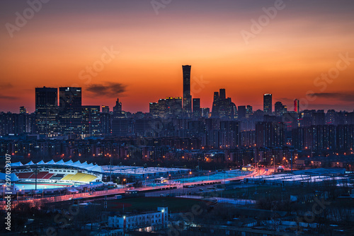 The magnificent city skyline of Beijing, China at sunset photo