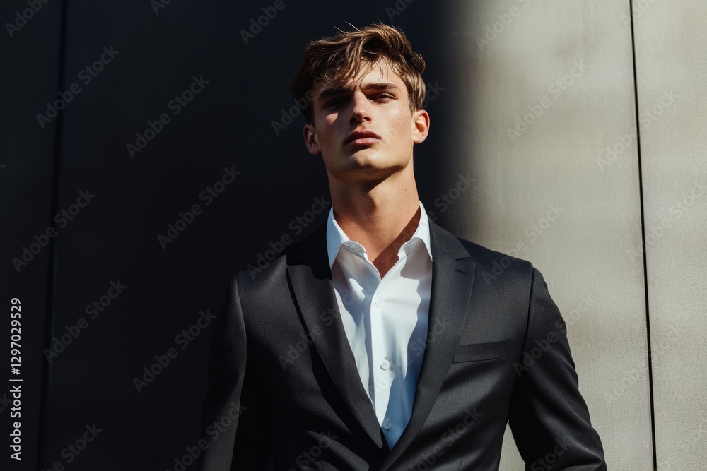 sharp, modern male fashion editorial featuring a model in a tailored suit, set against a minimalist urban backdrop, minimal background with copy space sharp, modern male fashion editorial featuring a model in a tailored suit, set against a minimalist urban backdrop, minimal background with copy space