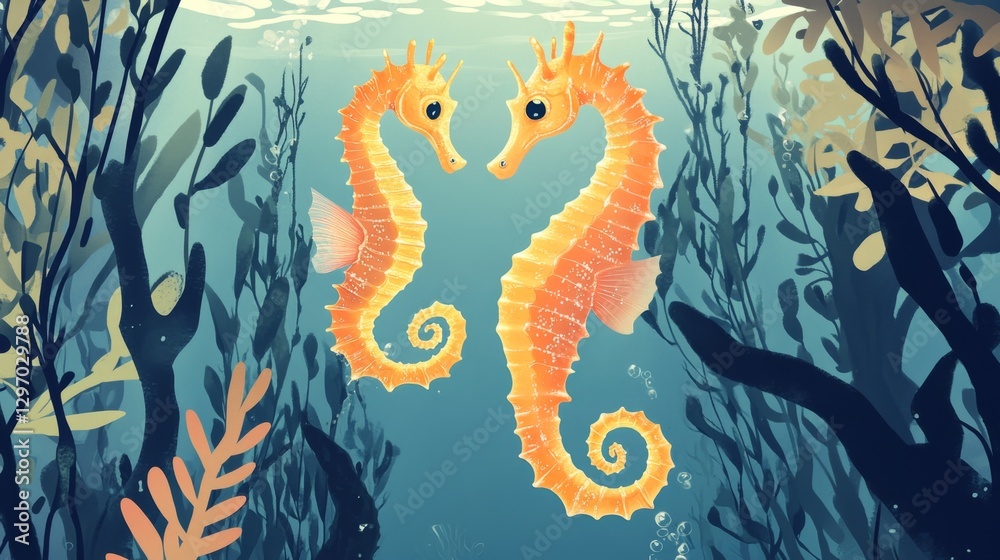 Two Seahorses in a Vibrant Underwater Scene Two Seahorses in a Vibrant Underwater Scene