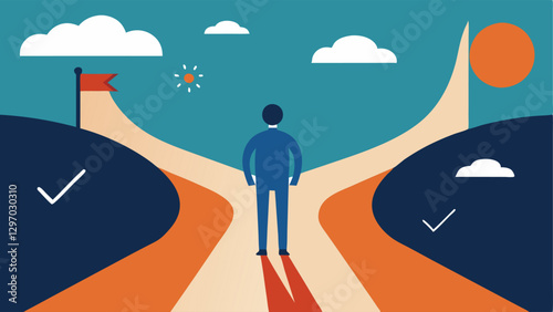 Two Paths Diverging An illustration of a person standing at a fork in a path one side marked Success with a sun and the other Failure with dark clouds. The individual looks