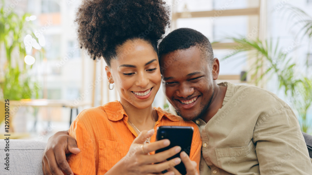 Couple, smile and hug with phone for social media, funny joke and post for bonding on sofa. Happy man and woman, diversity and streaming comedy movie or series, browsing and web scrolling for love Couple, smile and hug with phone for social media, funny joke and post for bonding on sofa. Happy man and woman, diversity and streaming comedy movie or series, browsing and web scrolling for love
