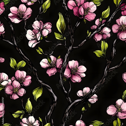 Lush Pink Floral Pattern with Green Leaves on Dark Background