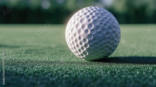 A single golf ball placed on a vibrant green grass, ideal for sports or leisure photography