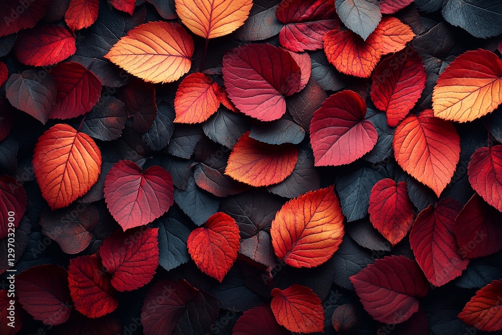 Vibrant autumn leaves blanket the ground in shades of red and orange at a serene forest in late afternoon light Vibrant autumn leaves blanket the ground in shades of red and orange at a serene forest in late afternoon light