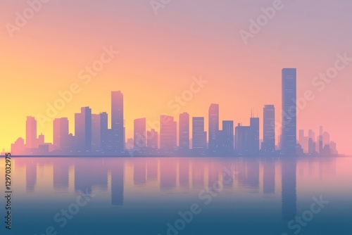 A beautiful stylized cityscape reflected in a calm body of water