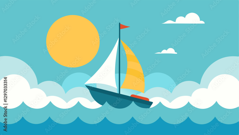 Naklejka premium Waves and Sailboat A small sailboat navigating through choppy waves with a bright sun breaking through the clouds symbolizing navigating through difficult times toward brighter