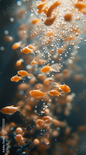 In a controlled environment, fish eggs hatch, revealing tiny fry swimming in crystal-clear water. Bubbles rise, providing a glimpse into the fascinating life cycle of fish